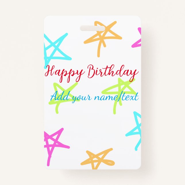 Colourful stars happy birthday add name text simpl ID badge (Front)