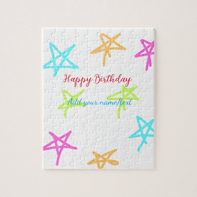 Colourful stars happy birthday add name text simpl jigsaw puzzle (Vertical)