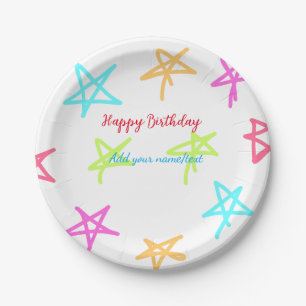 Colourful stars happy birthday add name text simpl paper plate
