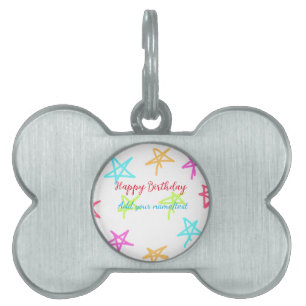 Colourful stars happy birthday add name text simpl pet ID tag
