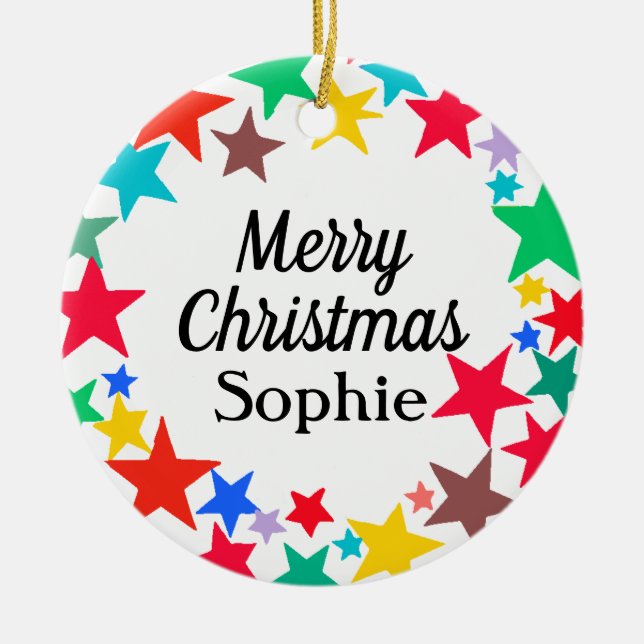 Colourful Stars Merry Christmas Personalised Name Ceramic Ornament (Front)