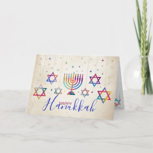 Colourful Stars of David and Menorah Happy Hanukka Card