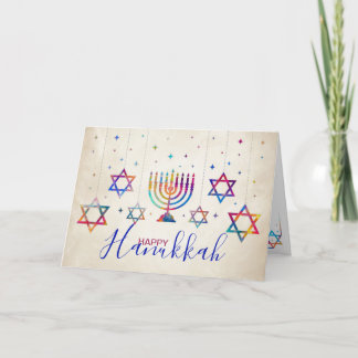 Colourful Stars of David and Menorah Happy Hanukka Card
