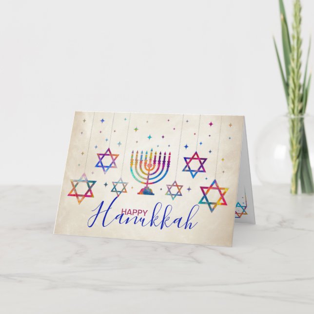 Colourful Stars of David and Menorah Happy Hanukka Card (Front)