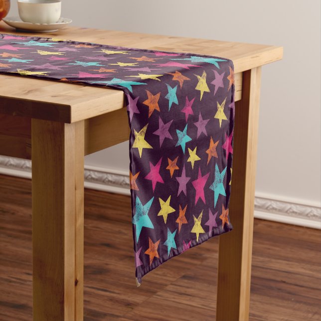 Colourful Stars on Dark Purple Patterned Short Table Runner (In Situ)