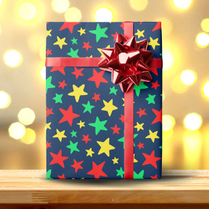 Colourful Stars on Navy Blue Background Wrapping Paper