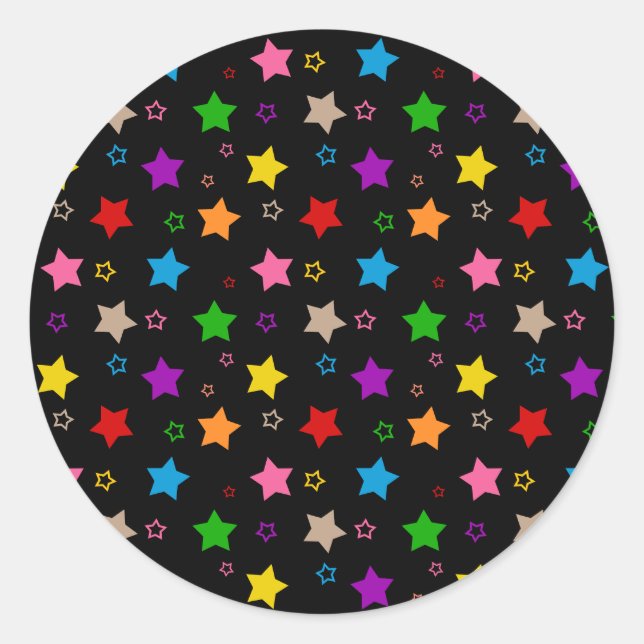 Colourful Stars Pattern Design Black  Classic Round Sticker (Front)
