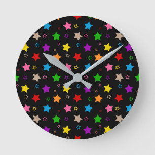 Colourful Stars Pattern Design Black Round Clock
