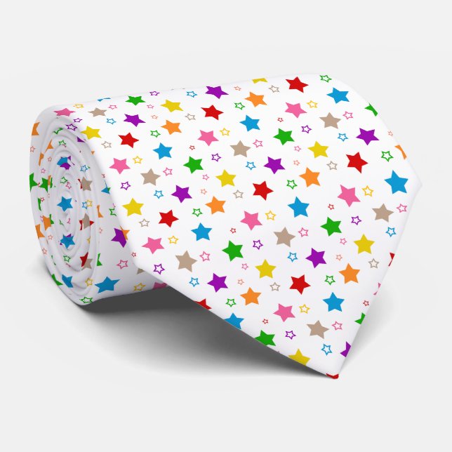 Colourful Stars Pattern Design White  Tie (Rolled)