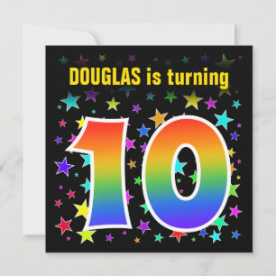 Colourful Stars + Rainbow Pattern "10" Birthday # Invitation
