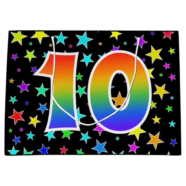 Colourful Stars + Rainbow Pattern "10" Event # Large Gift Bag (Front)