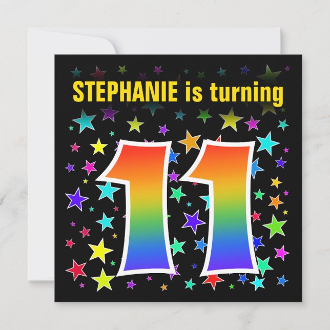 Colourful Stars + Rainbow Pattern "11" Birthday # Invitation (Front)