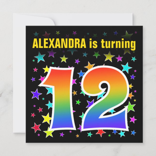 Colourful Stars + Rainbow Pattern "12" Birthday # Invitation (Front)