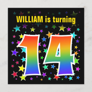 Colourful Stars + Rainbow Pattern "14" Birthday # Invitation