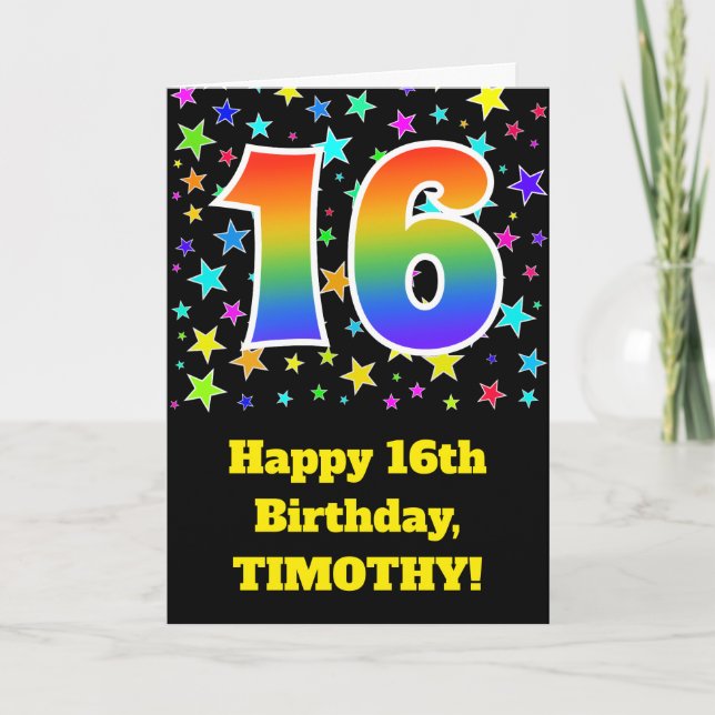Colourful Stars + Rainbow Pattern "16" Birthday # Card (Front)