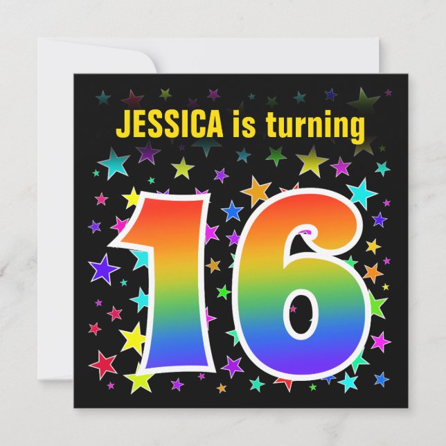 Colourful Stars + Rainbow Pattern "16" Birthday # Invitation (Front)