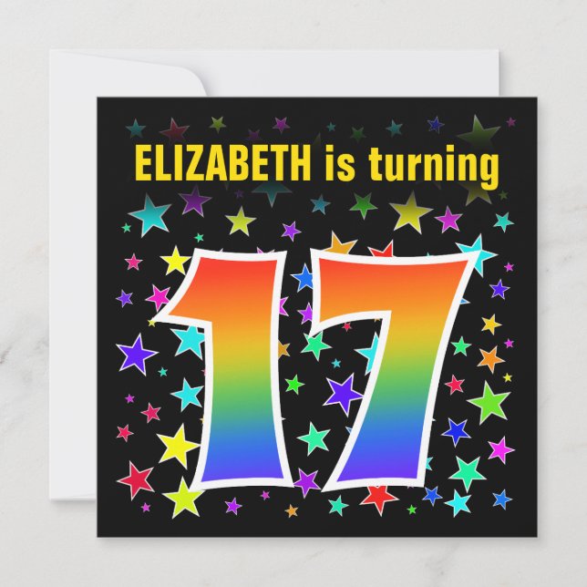 Colourful Stars + Rainbow Pattern "17" Birthday # Invitation (Front)