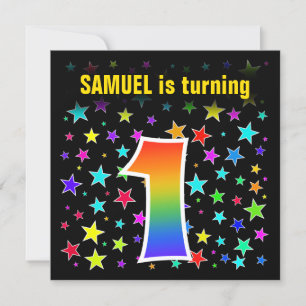 Colourful Stars + Rainbow Pattern "1" Birthday # Invitation