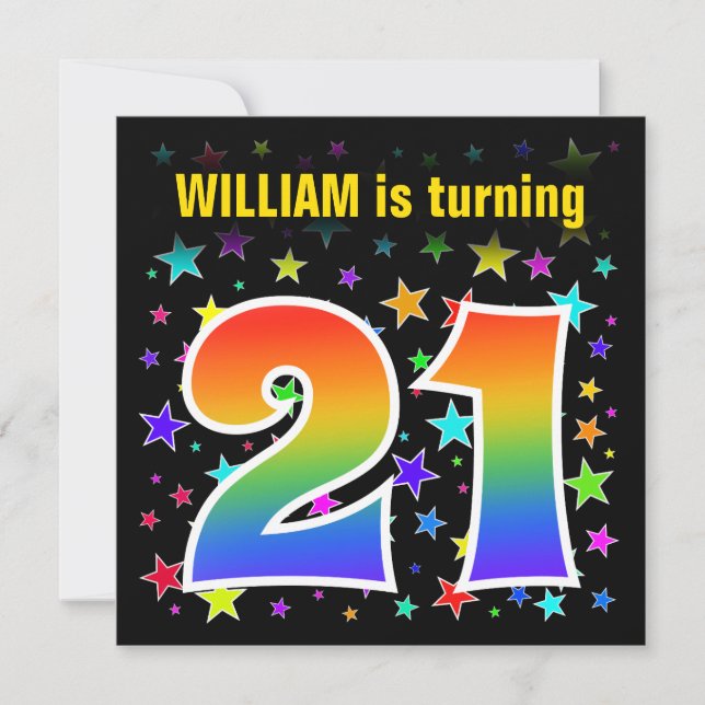 Colourful Stars + Rainbow Pattern "21" Birthday # Invitation (Front)