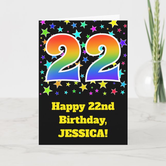 Colourful Stars + Rainbow Pattern "22" Birthday # Card (Front)
