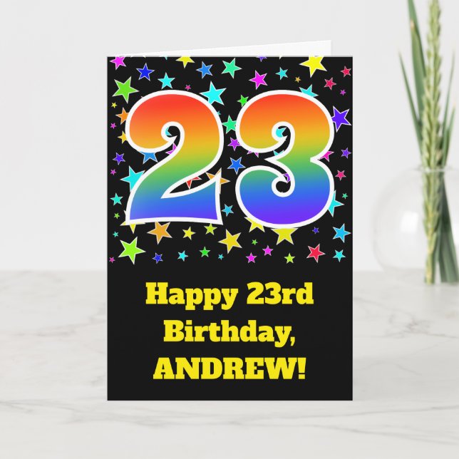 Colourful Stars + Rainbow Pattern "23" Birthday # Card (Front)