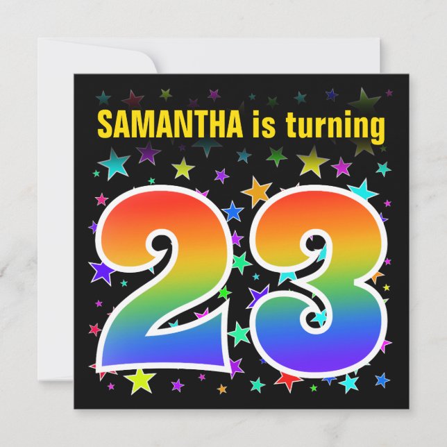 Colourful Stars + Rainbow Pattern "23" Birthday # Invitation (Front)