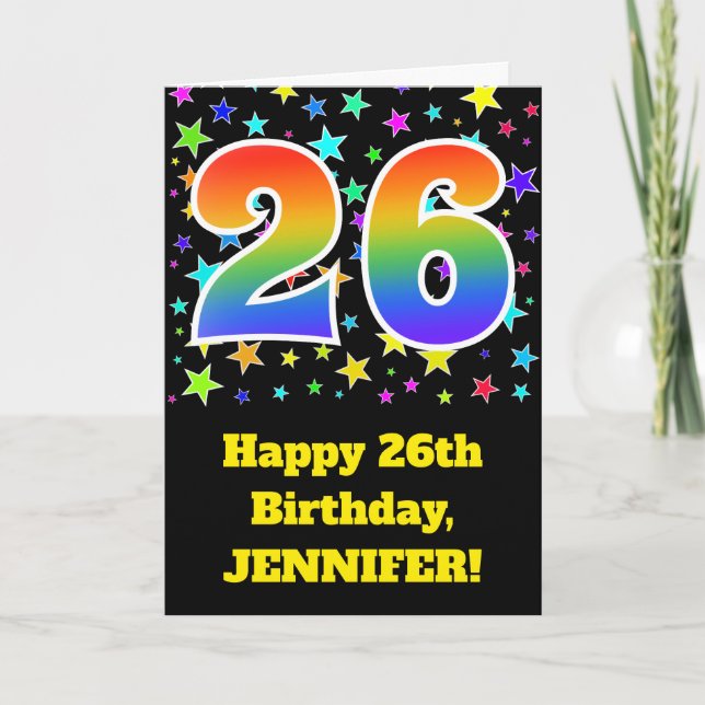 Colourful Stars + Rainbow Pattern "26" Birthday # Card (Front)