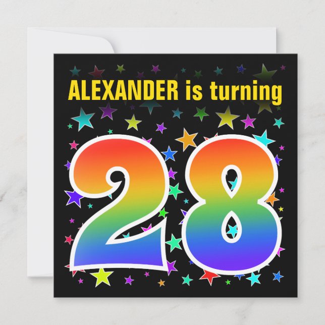 Colourful Stars + Rainbow Pattern "28" Birthday # Invitation (Front)