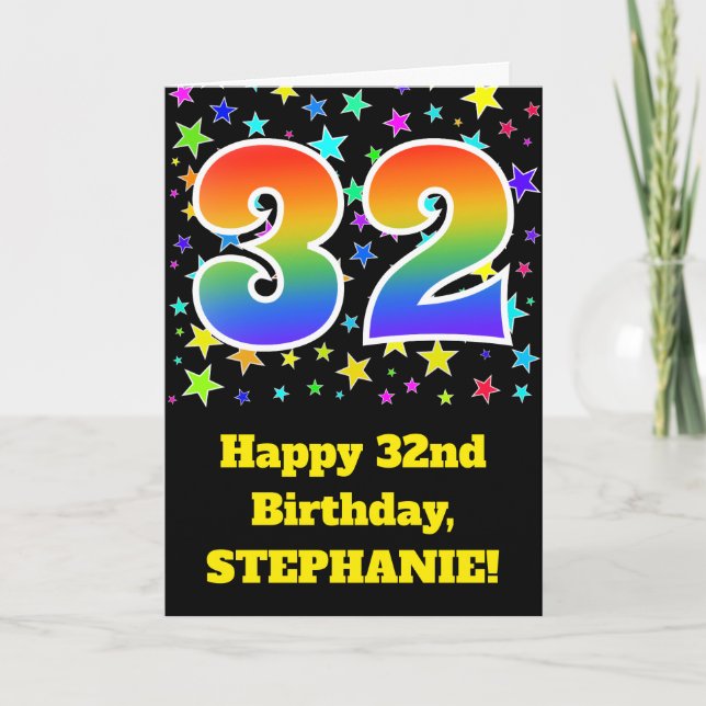 Colourful Stars + Rainbow Pattern "32" Birthday # Card (Front)