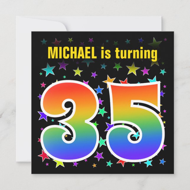 Colourful Stars + Rainbow Pattern "35" Birthday # Invitation (Front)