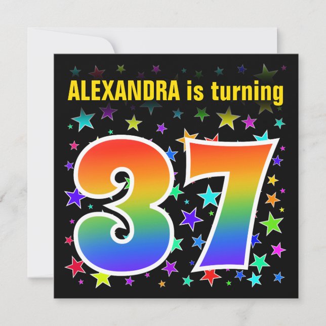 Colourful Stars + Rainbow Pattern "37" Birthday # Invitation (Front)