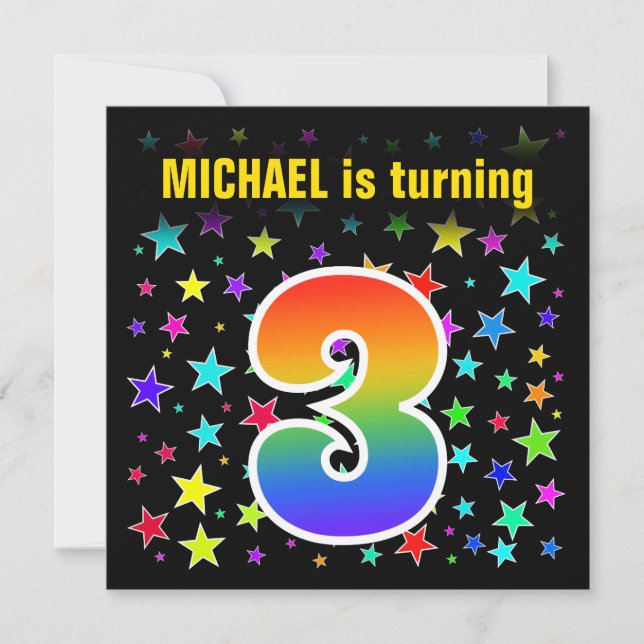 Colourful Stars + Rainbow Pattern "3" Birthday # Invitation (Front)