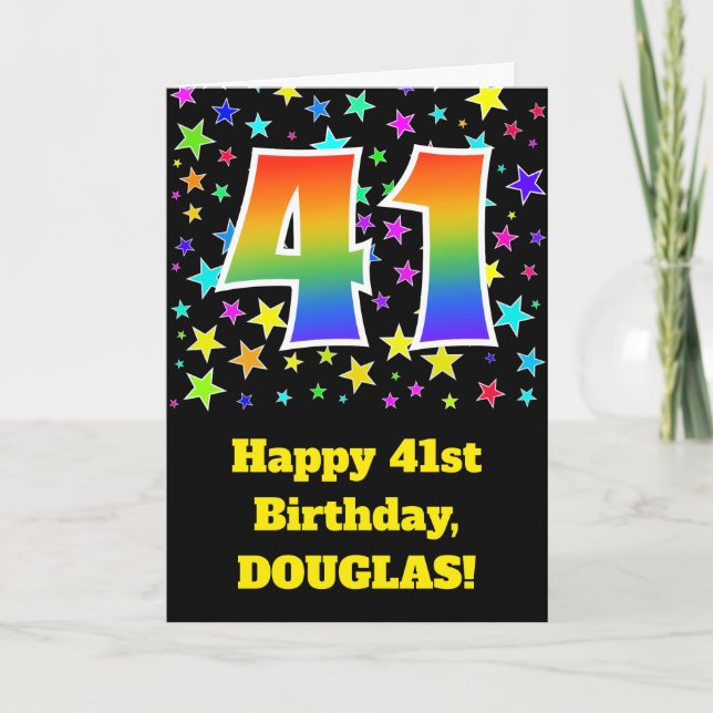 Colourful Stars + Rainbow Pattern "41" Birthday # Card (Front)