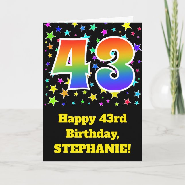 Colourful Stars + Rainbow Pattern "43" Birthday # Card (Front)