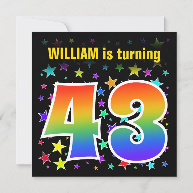 Colourful Stars + Rainbow Pattern "43" Birthday # Invitation (Front)