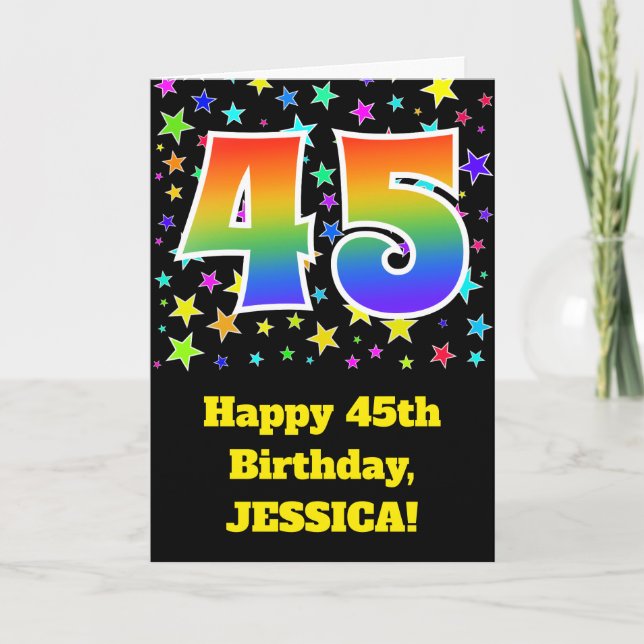 Colourful Stars + Rainbow Pattern "45" Birthday # Card (Front)