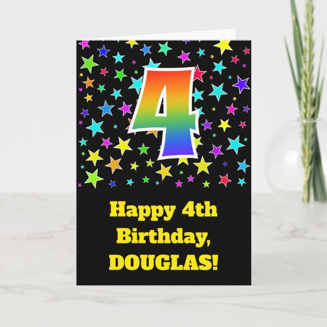 Colourful Stars + Rainbow Pattern "4" Birthday # Card (Front)