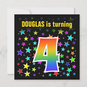 Colourful Stars + Rainbow Pattern "4" Birthday # Invitation