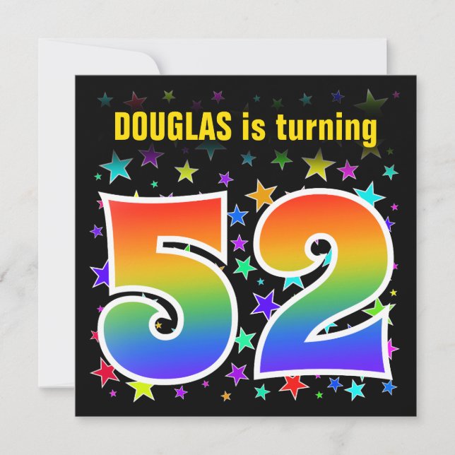 Colourful Stars + Rainbow Pattern "52" Birthday # Invitation (Front)