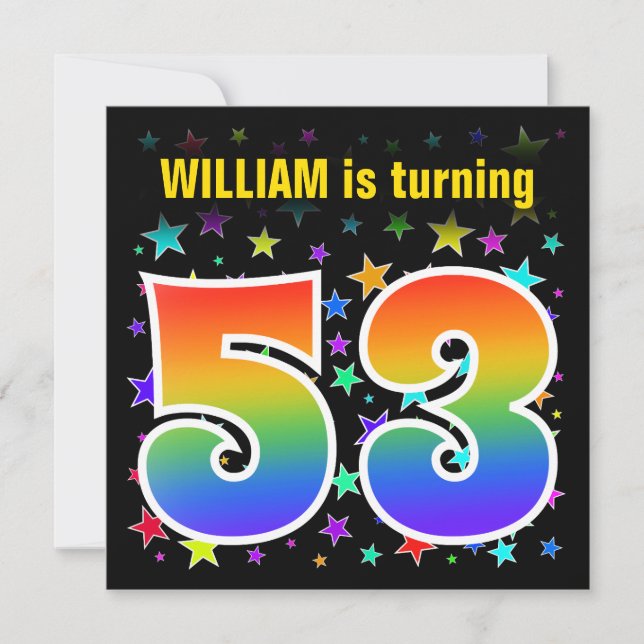 Colourful Stars + Rainbow Pattern "53" Birthday # Invitation (Front)
