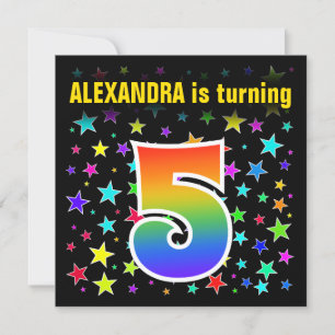 Colourful Stars + Rainbow Pattern "5" Birthday # Invitation