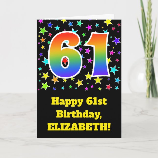 Colourful Stars + Rainbow Pattern "61" Birthday # Card (Front)