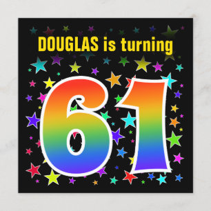 Colourful Stars + Rainbow Pattern "61" Birthday # Invitation