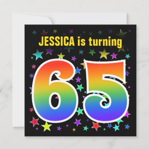 Colourful Stars + Rainbow Pattern "65" Birthday # Invitation