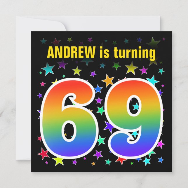 Colourful Stars + Rainbow Pattern "69" Birthday # Invitation (Front)