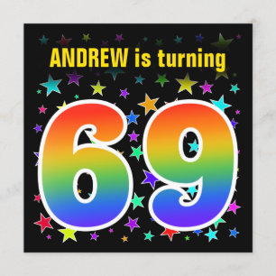 Colourful Stars + Rainbow Pattern "69" Birthday # Invitation