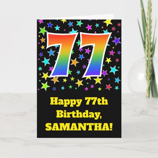 Colourful Stars + Rainbow Pattern "77" Birthday # Card (Front)