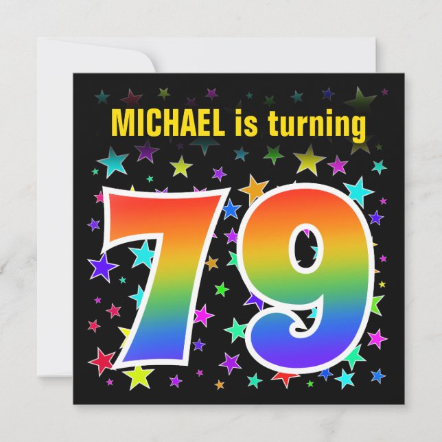 Colourful Stars + Rainbow Pattern "79" Birthday # Invitation (Front)