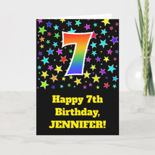 Colourful Stars + Rainbow Pattern "7" Birthday # Card