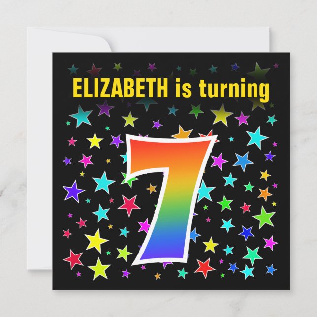 Colourful Stars + Rainbow Pattern "7" Birthday # Invitation (Front)